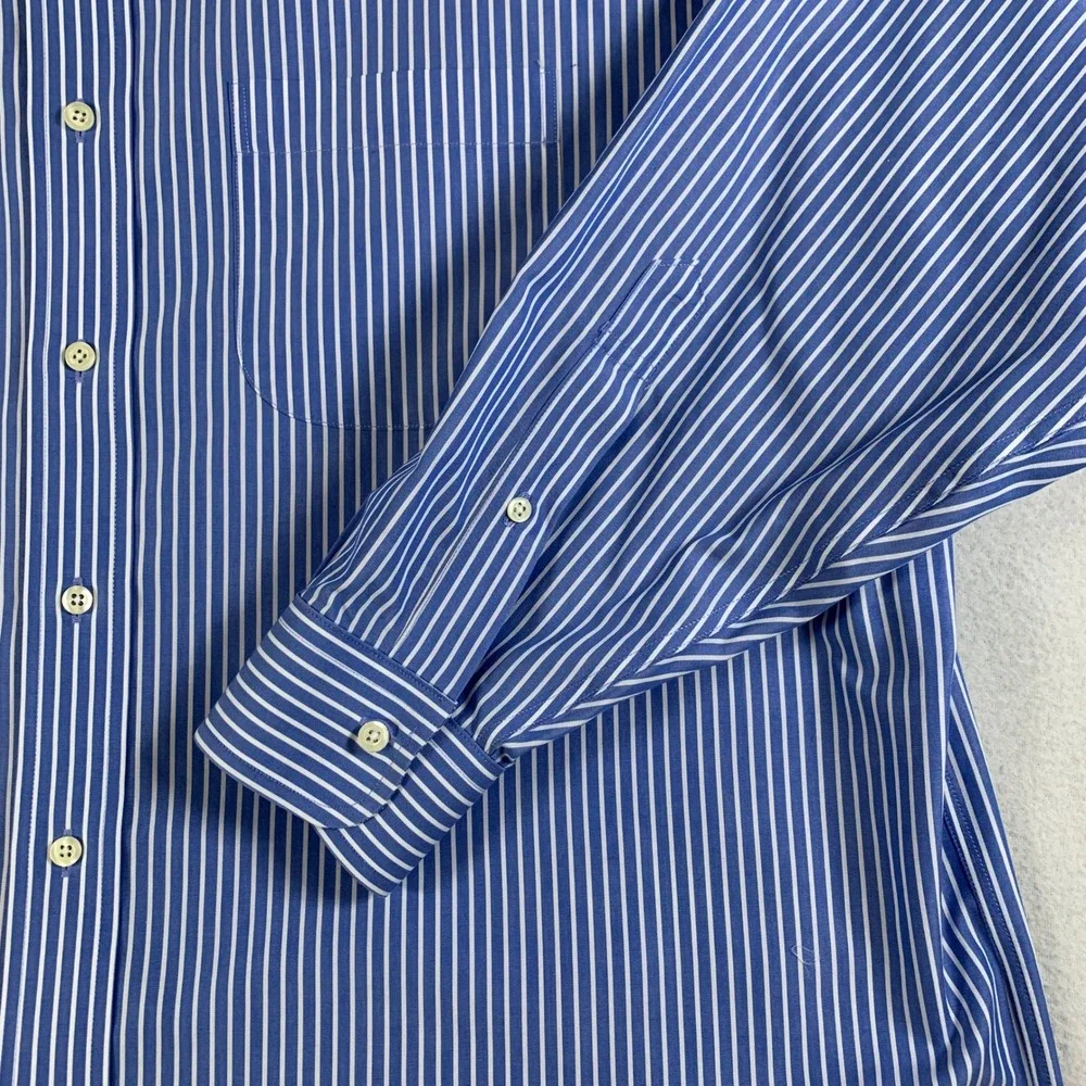 Brooks Brothers Men 17.5 2-3 Blue White Stripe Button Down Shirt Non Iron Cotton